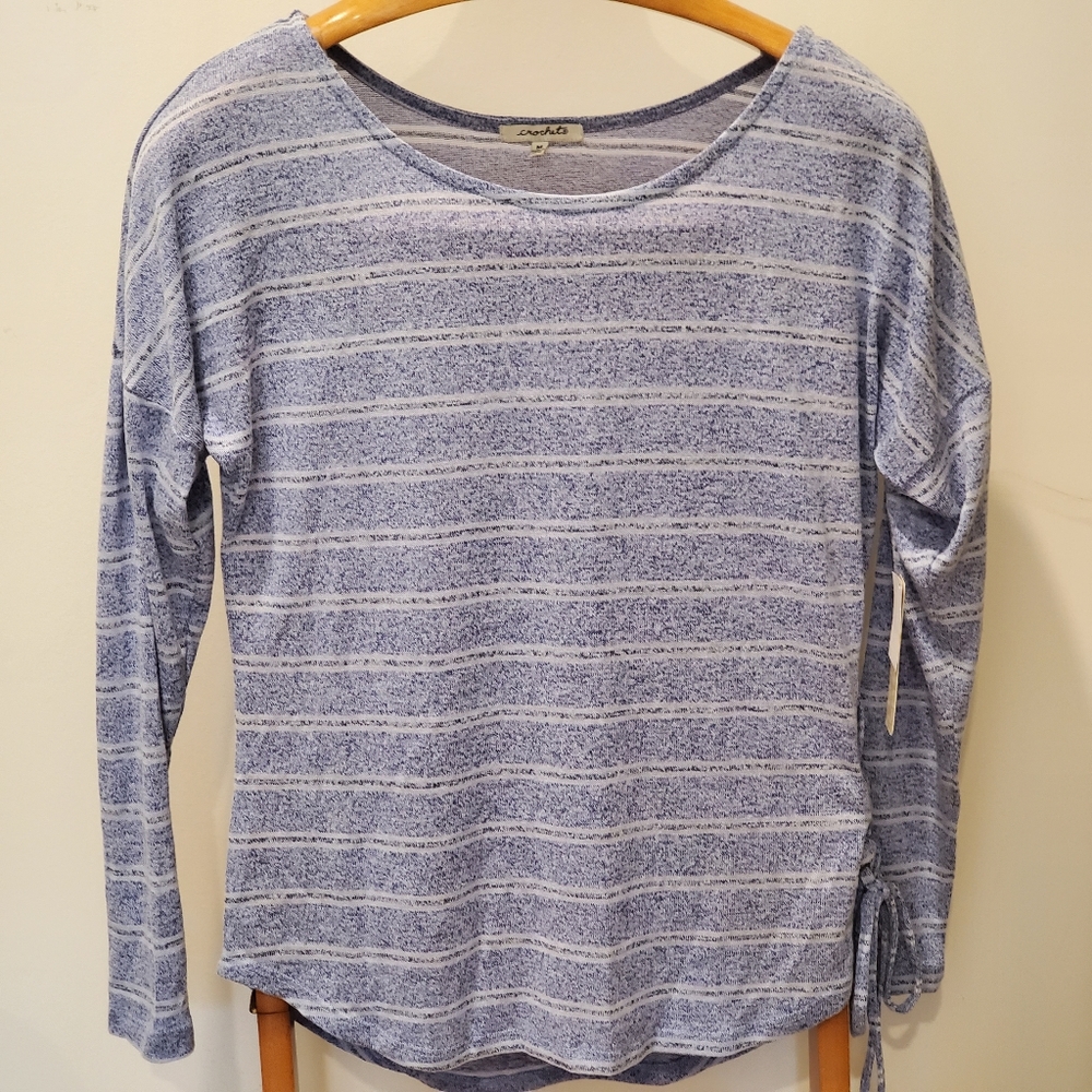 Crochet Blue Striped Long Sleeve Shirt Side Tie Medium